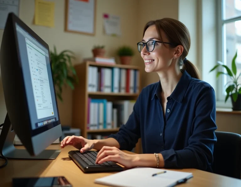 Femme enseignante accédant à la messagerie PIAL Nancy-Metz sur un ordinateur de bureau dans un bureau administratif scolaire