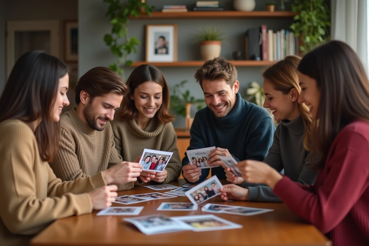 Groupe d'amis regardant des photos d'anniversaire autour d'une table