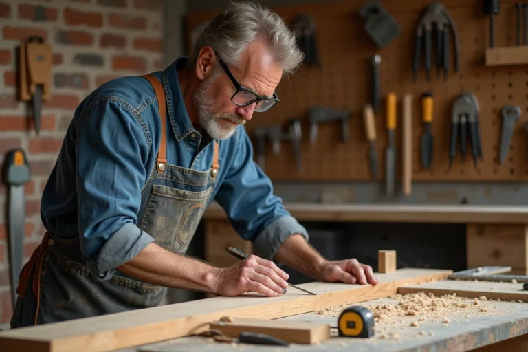 Artisan bricoleur mesurant une planche de chêne dans un atelier de menuiserie avec des outils traditionnels