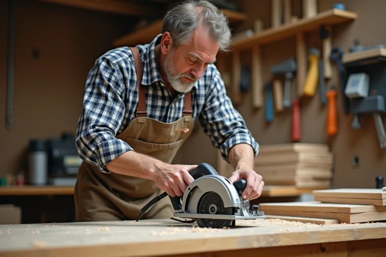 Homme d'âge moyen ajustant une scie circulaire dans son atelier