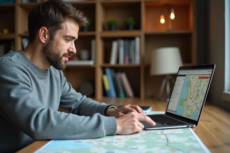 Homme consultant une carte routière et un planificateur d'itinéraire en ligne pour optimiser un trajet