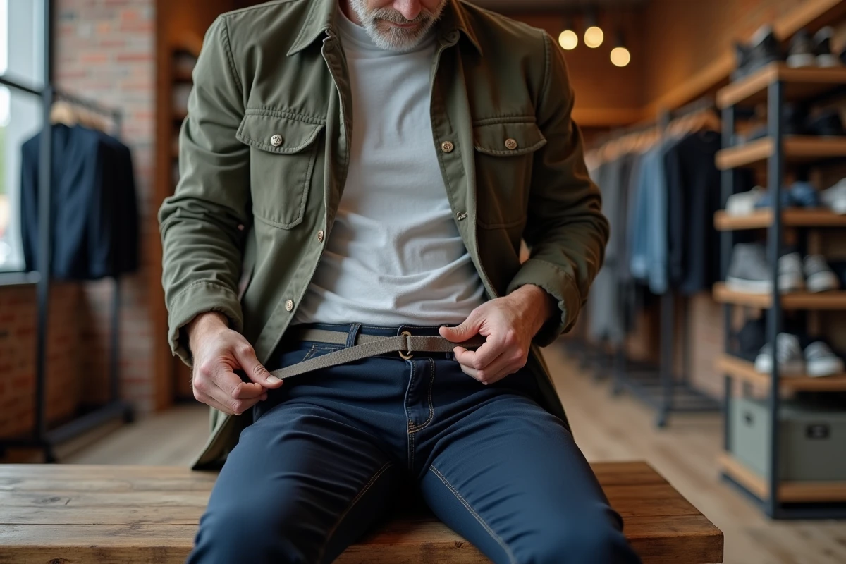 Homme ajustant une ceinture élastique sans trou sur un pantalon chino dans une boutique de vêtements