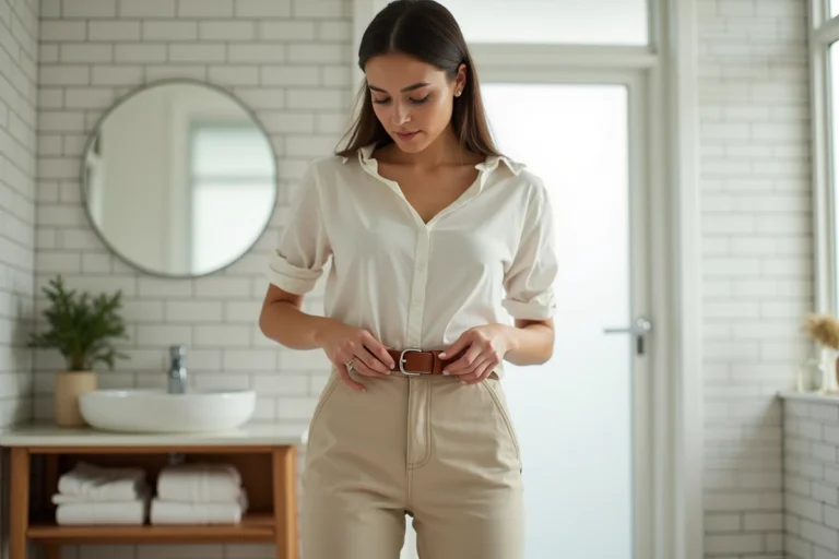 Femme ajustant une ceinture en cuir sans trou avec un clip métallique sur un pantalon beige dans une salle de bain moderne