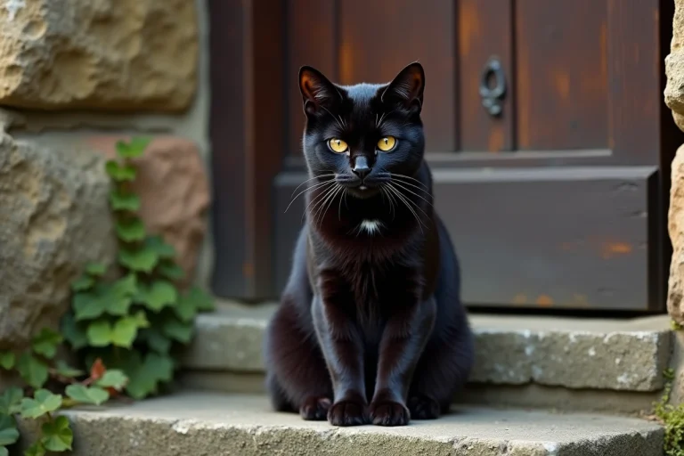 Chat noir assis sur le seuil d'une vieille maison en pierre, regard mystérieux évoquant une signification spirituelle