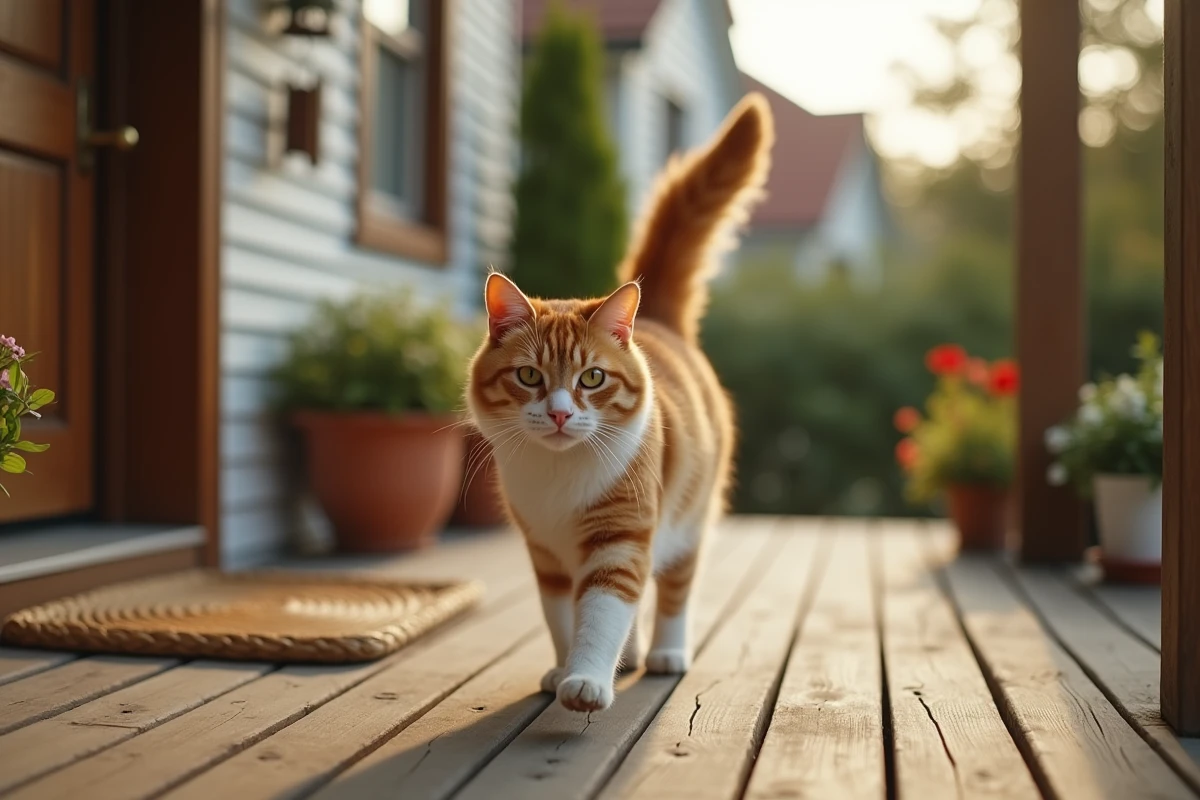 Chat roux et blanc s'approchant d'un porche résidentiel, symbole de visite spirituelle et de présence animale