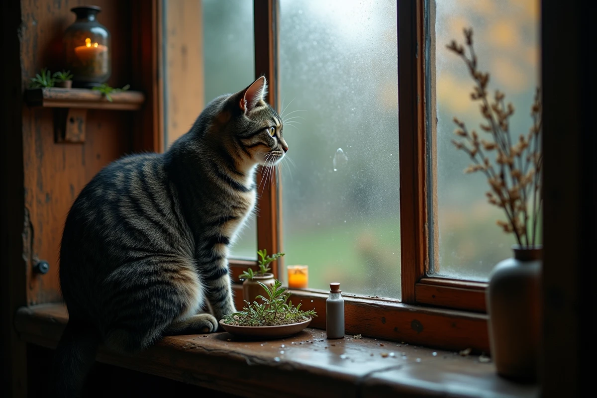 Chat tigré assis sur un rebord de fenêtre intérieur mystique, regardant un jardin brumeux en automne