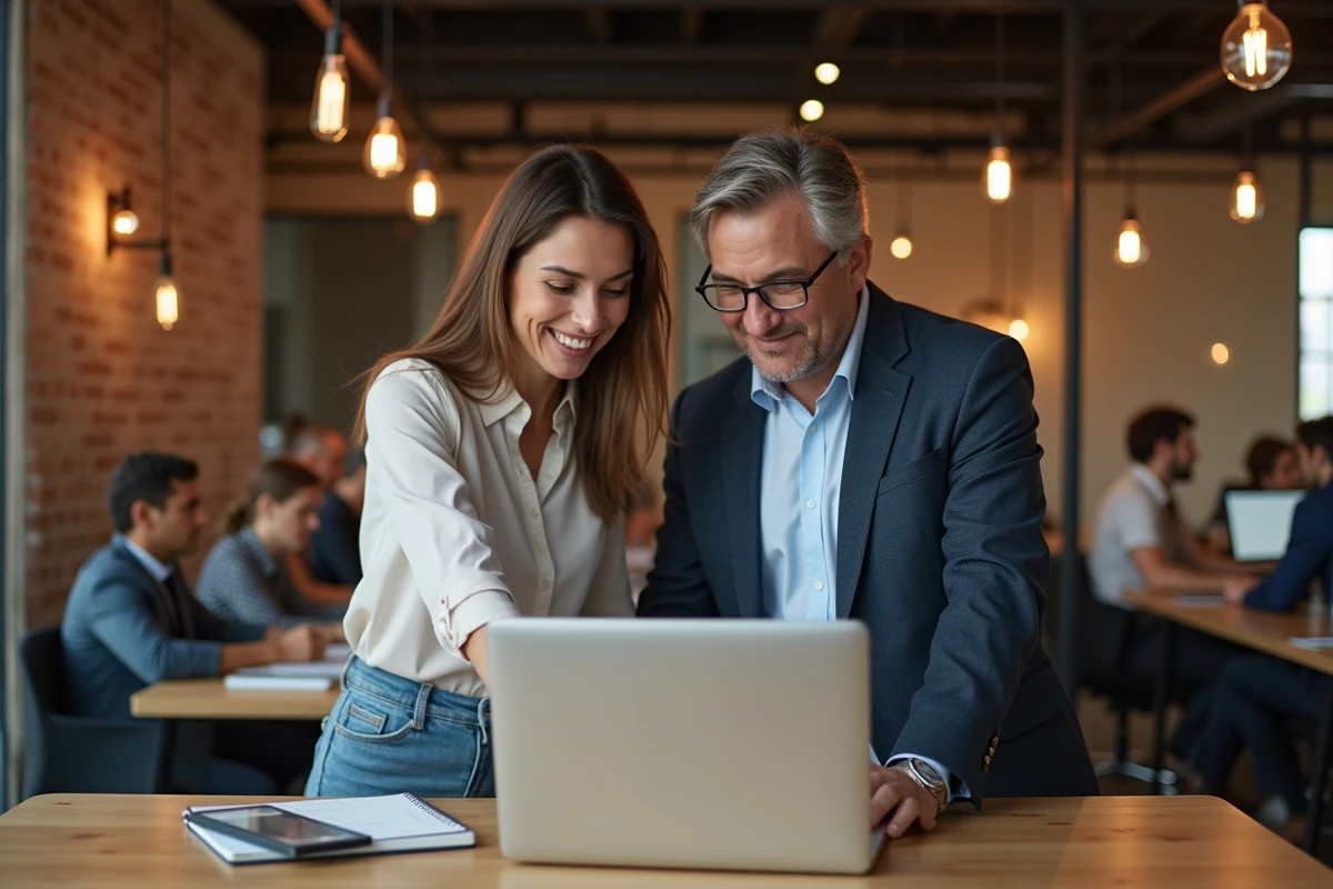 Deux professionnels collaborant sur une stratégie d'investissement financier via une plateforme en ligne