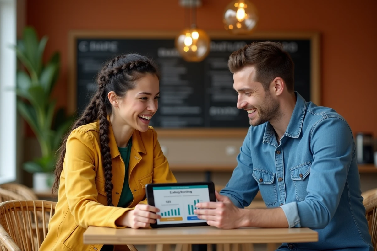Deux collègues consultant un classement de banques écologiques sur tablette dans un café éco-responsable