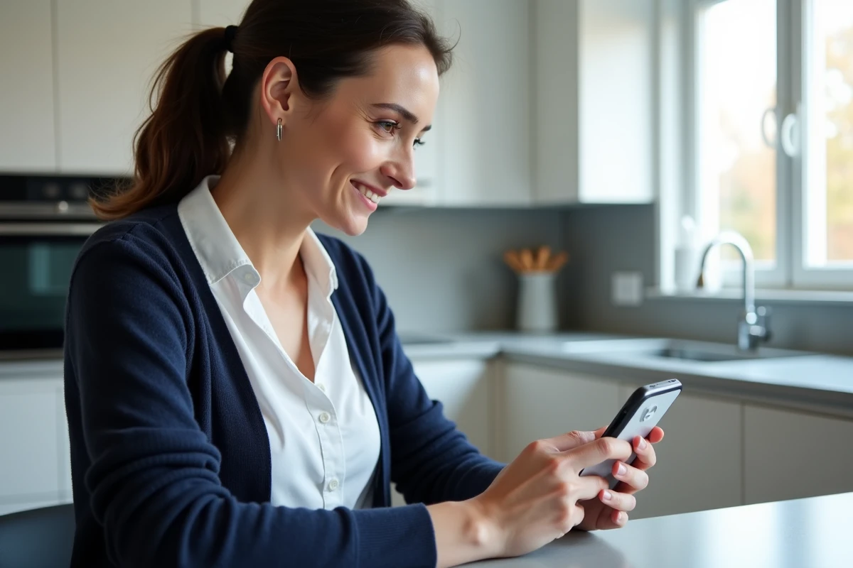 Femme configurant les paramètres audio d'un interphone connecté via une application smartphone dans une cuisine moderne
