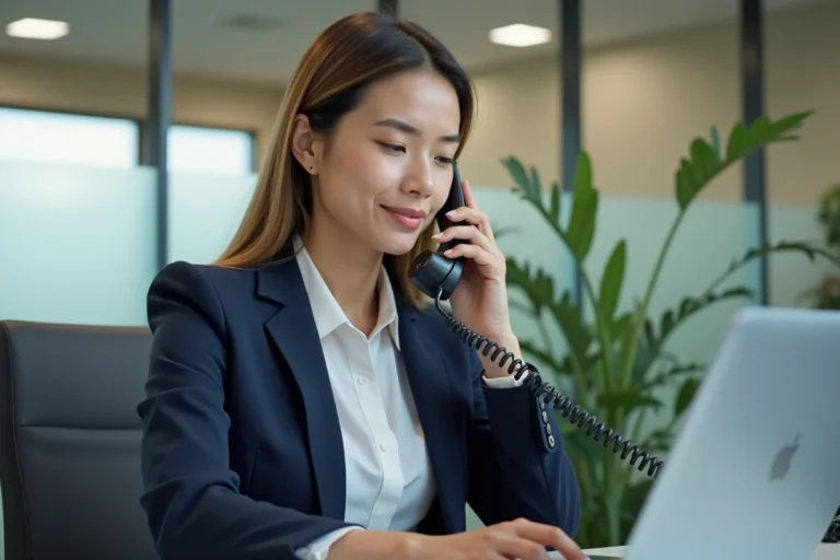 Femme conseillère bancaire au téléphone dans une agence Crédit Foncier moderne pour contacter le service client