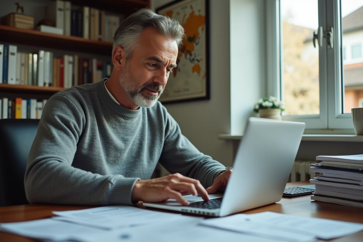 Homme consultant des documents de prêt immobilier sur son ordinateur portable pour contacter le Crédit Foncier en ligne