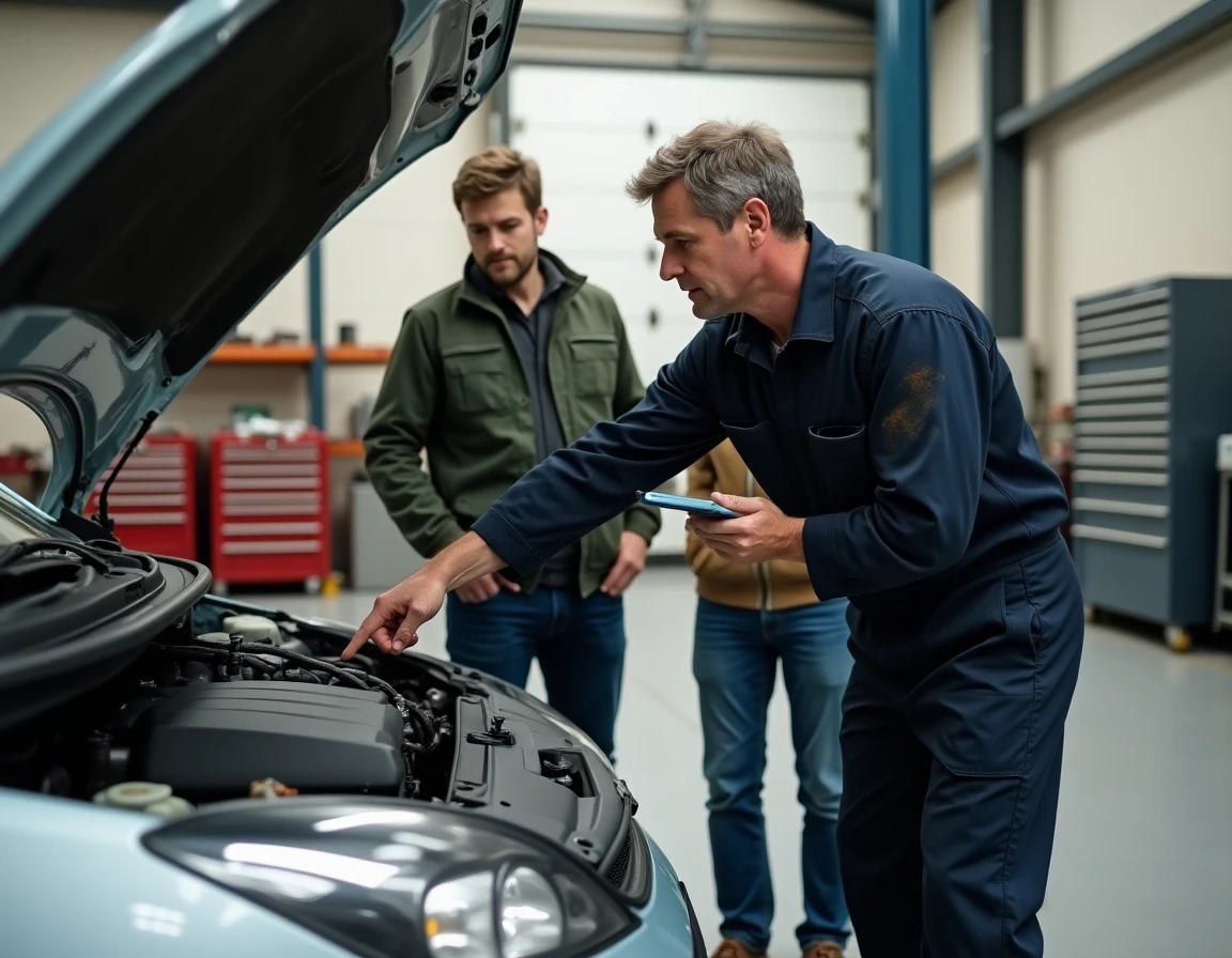 Mécanicien expliquant l'état du moteur d'une voiture d'occasion à un couple d'acheteurs dans un garage