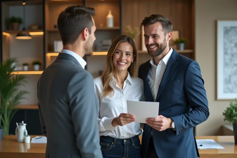 Jeune couple souriant dans une agence immobiliere moderne
