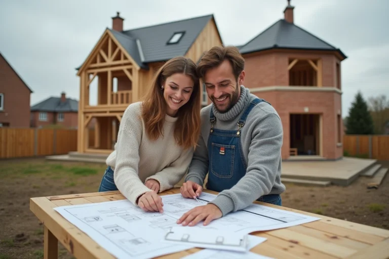 Couple souriant examinant des plans de construction en extérieur