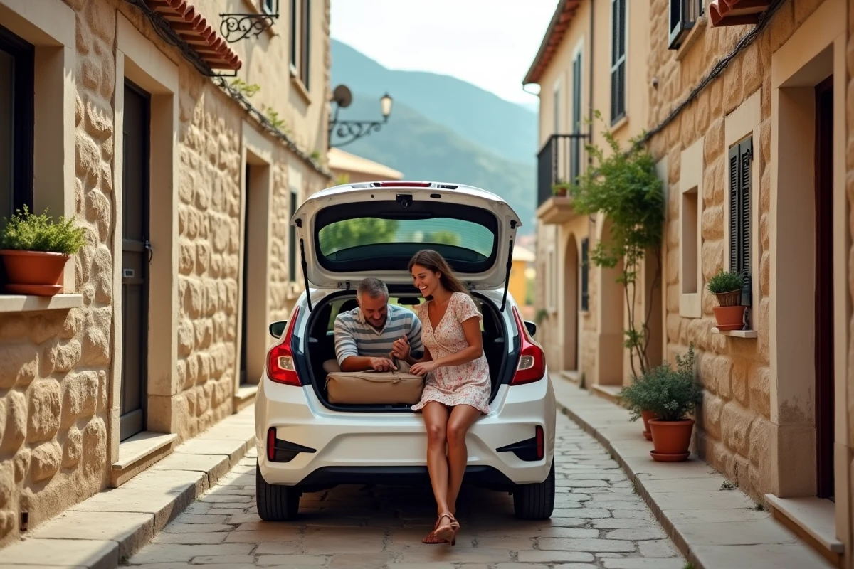 Couple chargeant des bagages dans le coffre d'une voiture de location blanche dans une ruelle en pierre d'un village corse perché