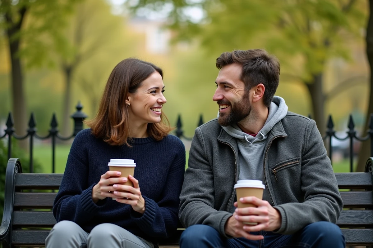 Couple discutant sur un banc dans un jardin parisien, atmosphère détendue et naturelle évoquant la vie privée et l'intimité