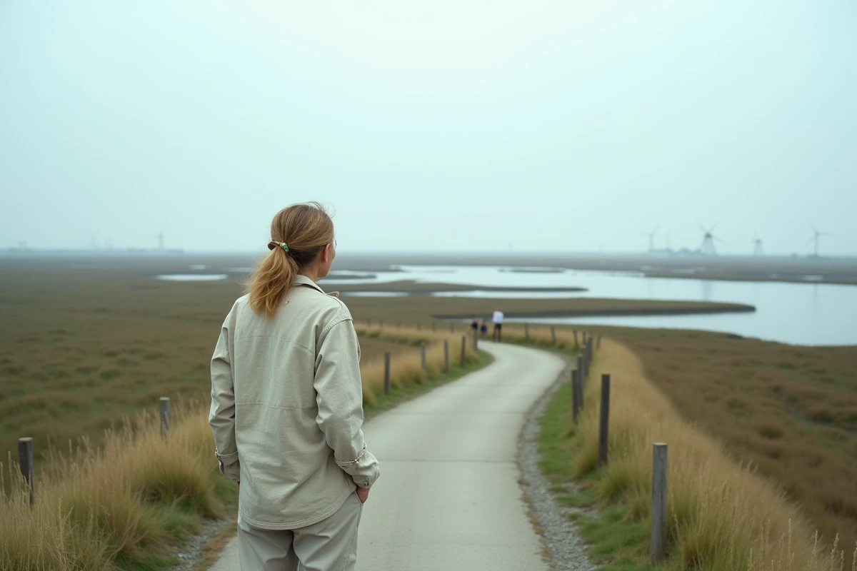 Femme explorant les marais salants du Pays de Retz sur un sentier côtier en Loire-Atlantique