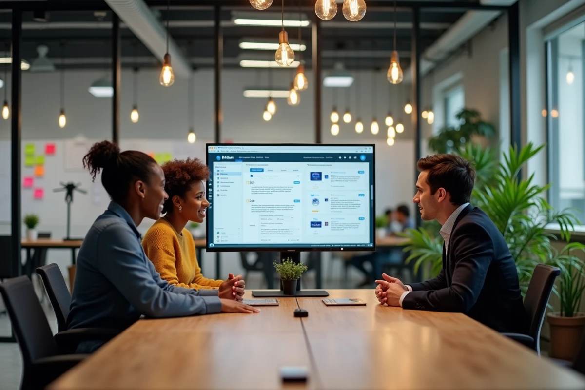 Équipe de collègues collaborant autour d'une plateforme de services web et de questions-réponses dans un bureau de startup moderne
