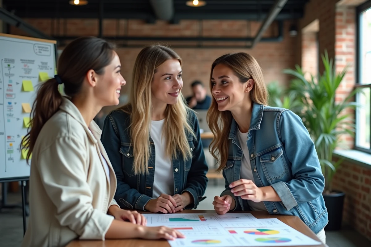 Équipe de jeunes entrepreneurs en réunion dans un espace de co-working pour planifier le développement de leur business en ligne