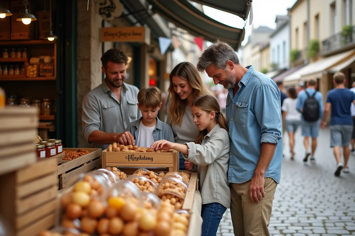 Famille en vacances visitant un marché artisanal breton avec produits locaux caramel beurre salé et kouign-amann