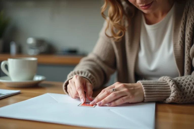 Femme posant un timbre sur une enveloppe dans la cuisine