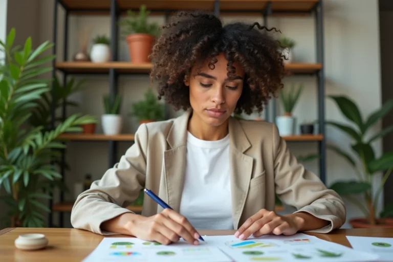 Femme analysant des documents sur les banques écologiques et éthiques dans un espace de travail durable