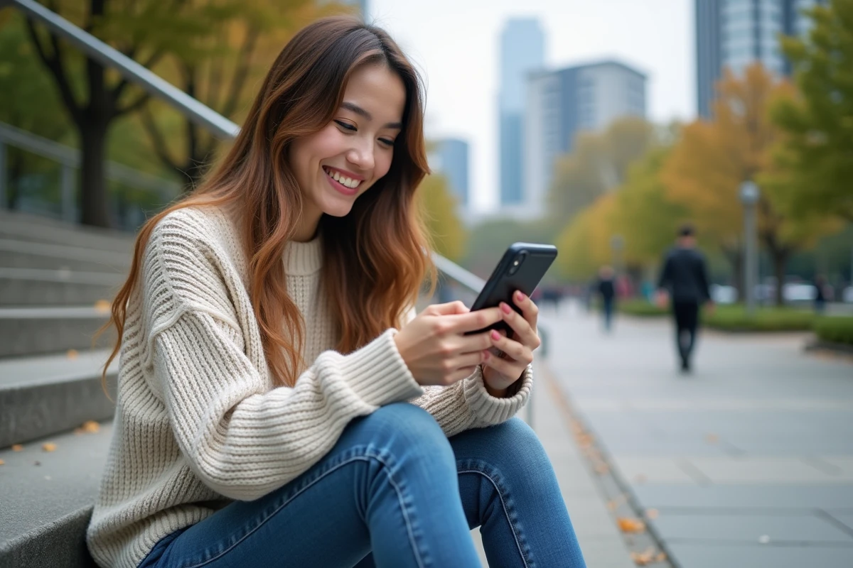 Jeune femme souriante utilisant son smartphone en extérieur