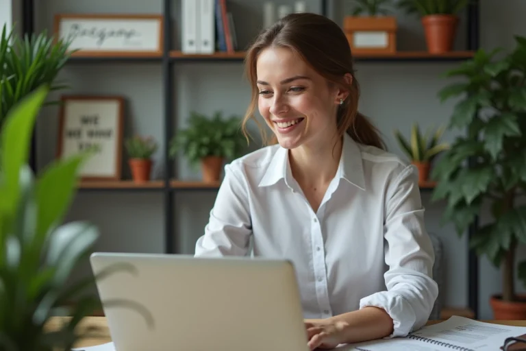 Femme professionnelle souriante au bureau moderne