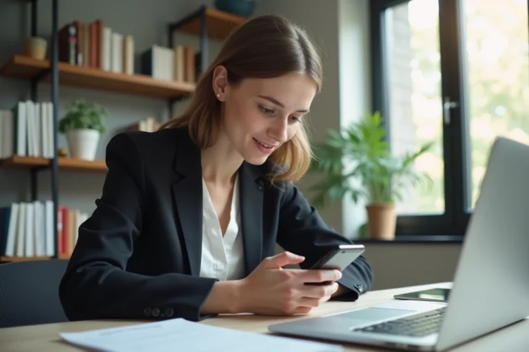 Jeune femme au bureau regarde son smartphone
