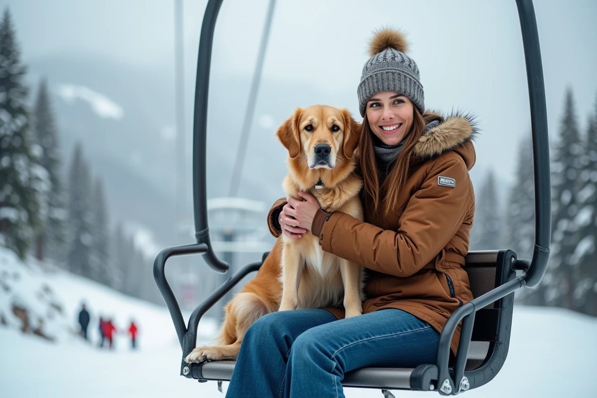 Jeune femme avec chien sur un télésiège en montagne enneigée