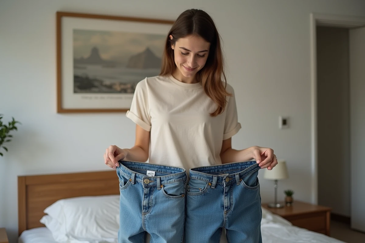 Jeune femme à la maison comparant deux pantalons