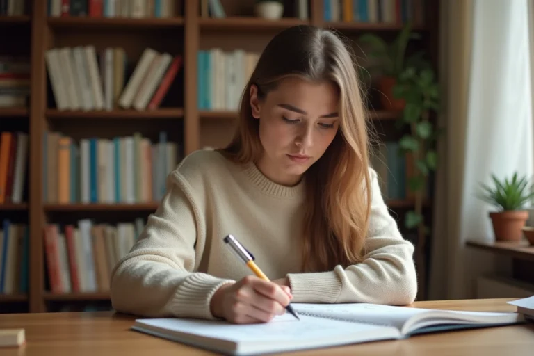 Jeune femme studieuse révisant la conjugaison française dans un cahier posé sur un bureau en bois
