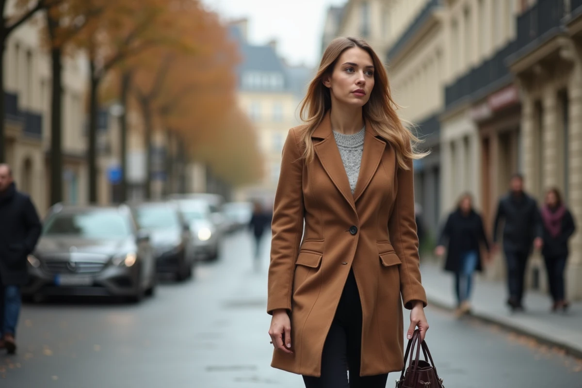 Femme élégante marchant dans une rue parisienne en automne, manteau camel et immeubles haussmanniens en arrière-plan