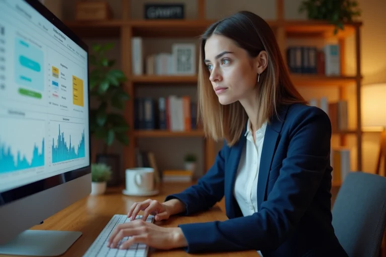 Femme entrepreneur analysant les performances de son business en ligne sur un écran dans un bureau à domicile moderne