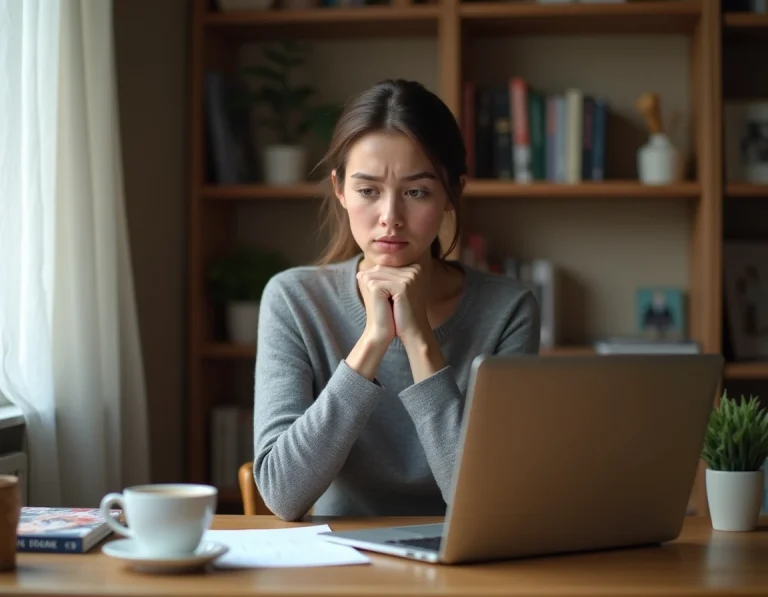 Femme inquiète regardant son ordinateur portable face à une situation de voyeurisme en ligne dans un appartement français