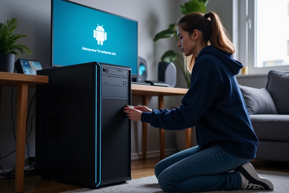 Femme insérant une clé USB bootable dans un PC de bureau pour installer Android TV