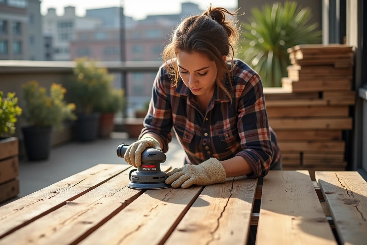 Femme ponçant un panneau de bois recyclé sur une terrasse urbaine lors d'un projet de bricolage