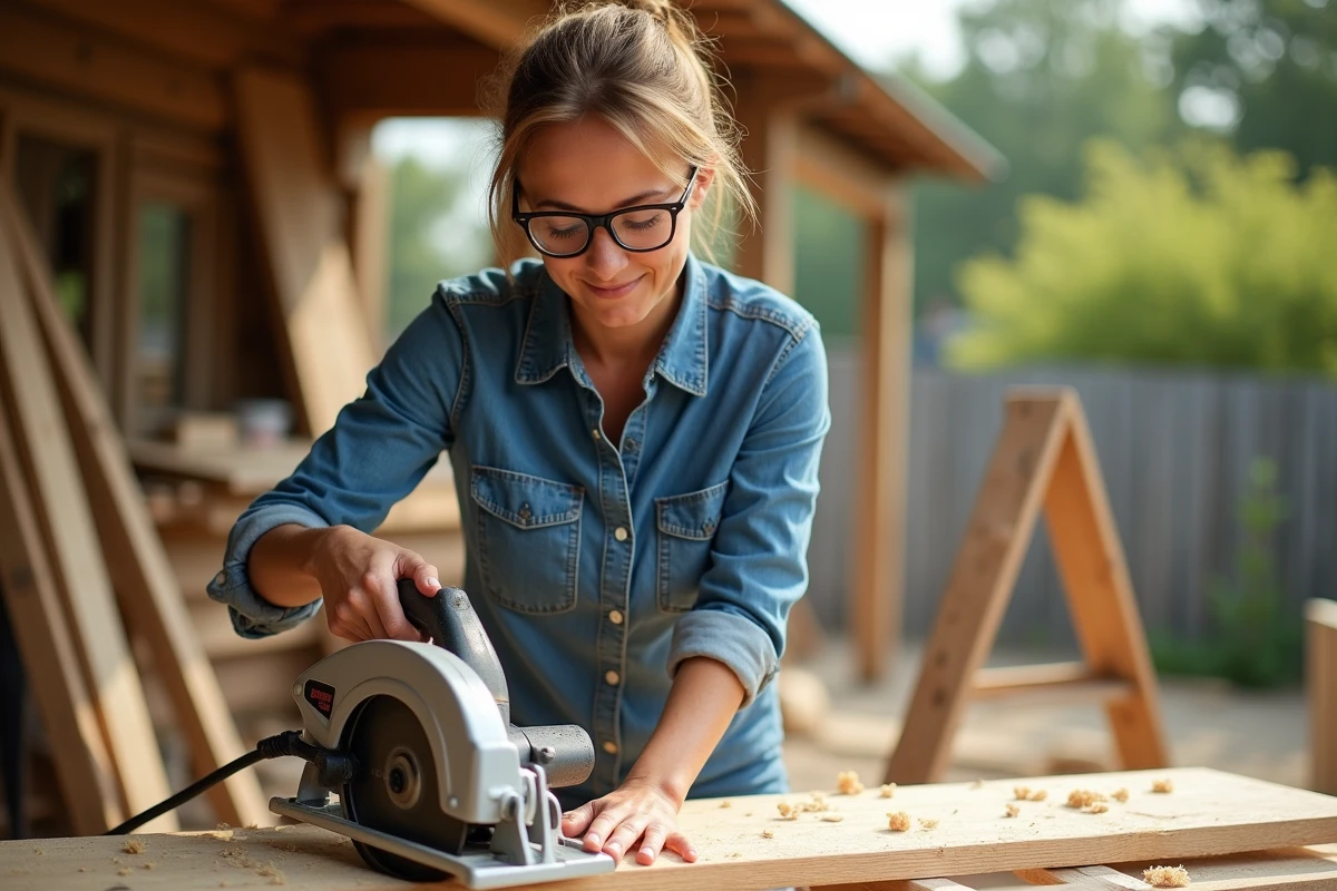 Jeune femme guidant une scie circulaire en extérieur