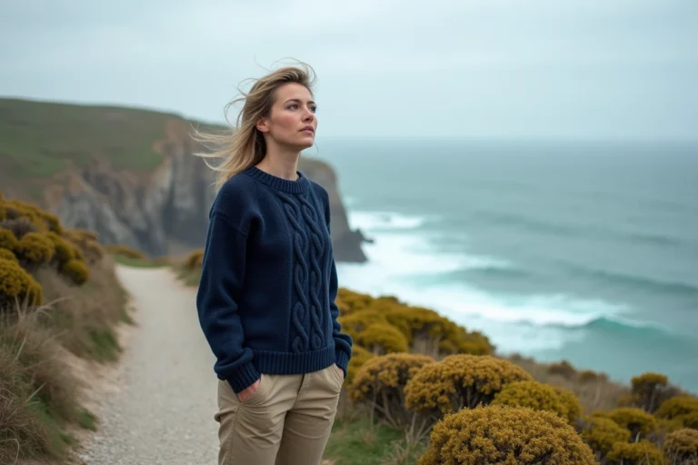Femme en pull marin contemplant le littoral breton depuis un sentier côtier en granit rose, vacances en Bretagne