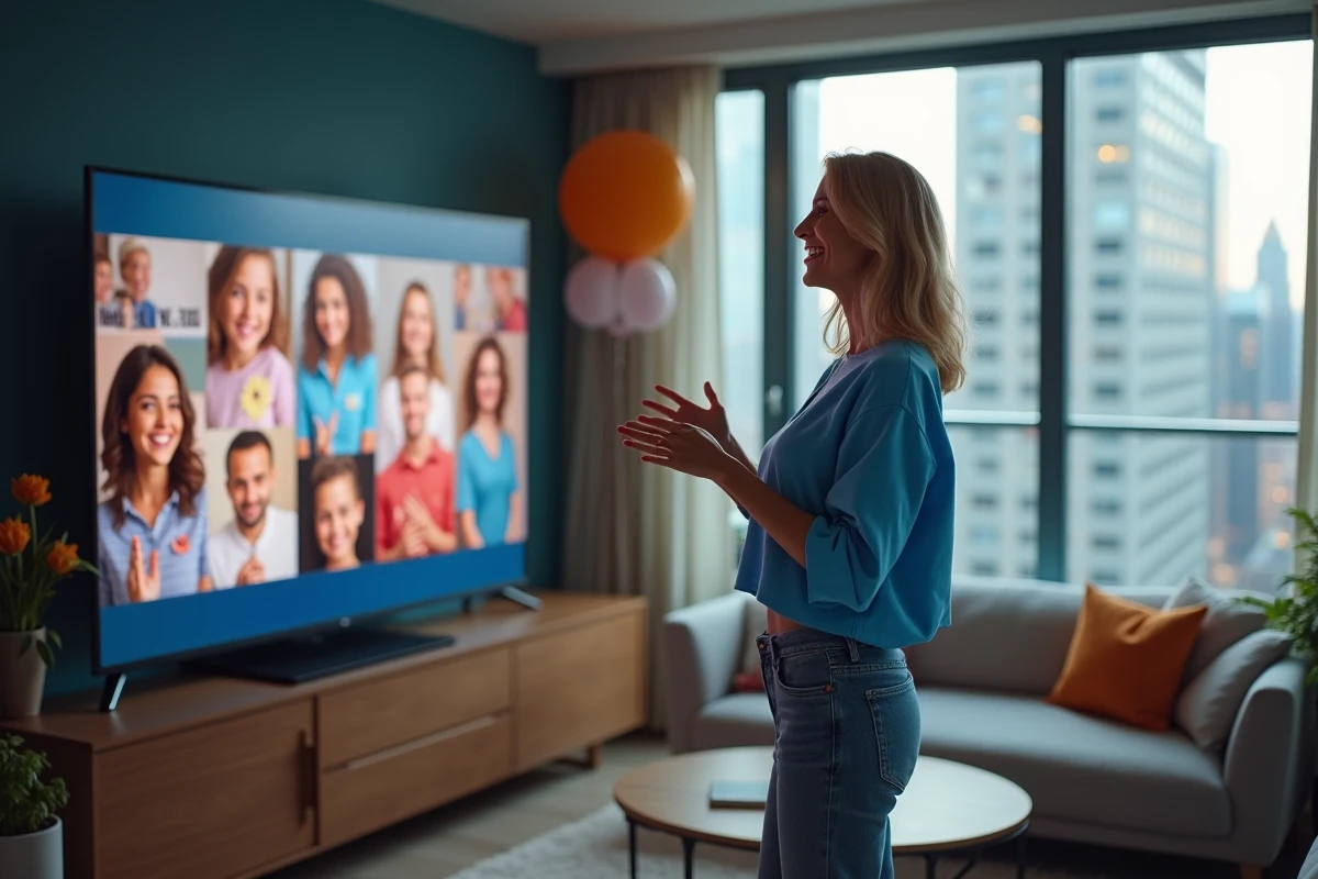 Jeune femme souriante pointant vers un écran de fête d