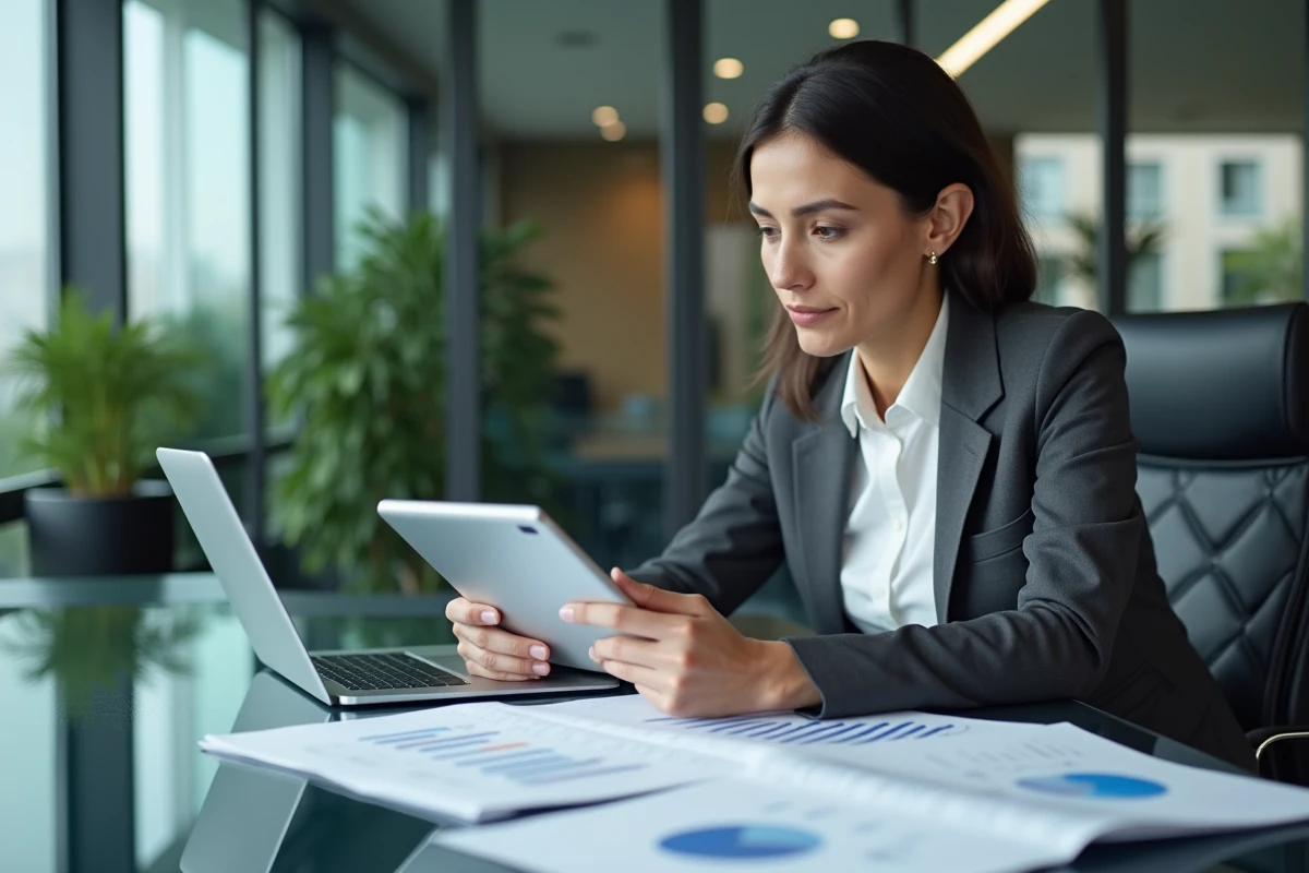 Femme d'affaires consultant un tableau de bord d'investissement sur tablette en salle de réunion