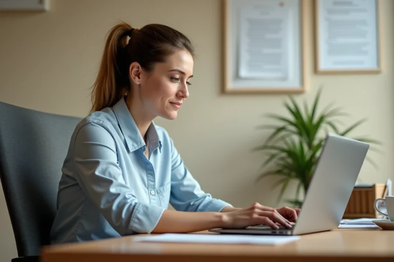 Femme d'âge moyen travaillant sur un ordinateur au bureau