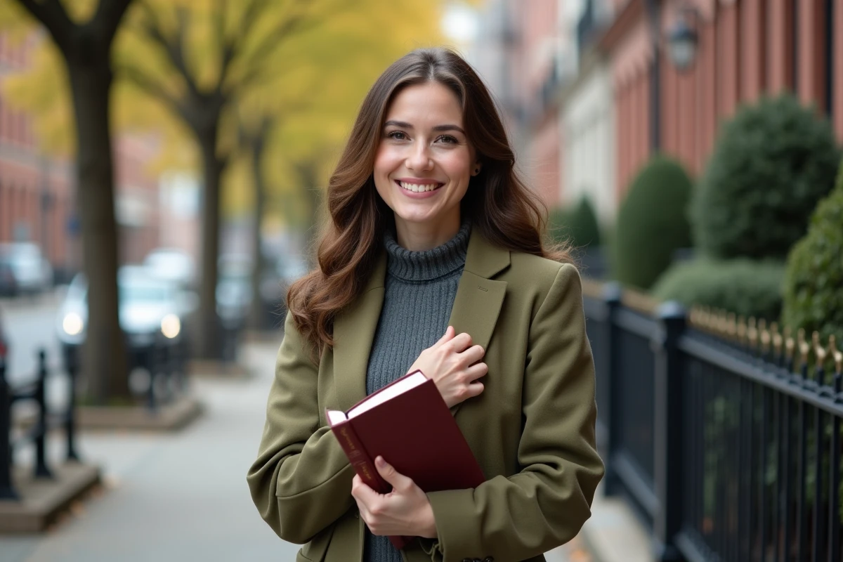 Femme souriante en manteau olive dans la rue urbaine