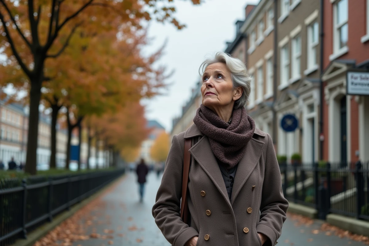 Femme examine une panneau immobilier dans la rue urbaine