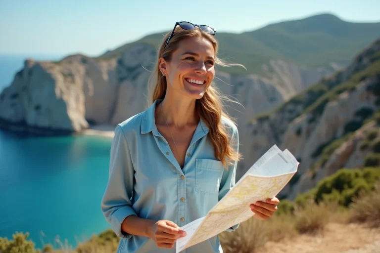 Femme tenant une carte routière à côté d'une voiture de location garée sur un belvédère côtier en Corse avec vue sur la Méditerranée