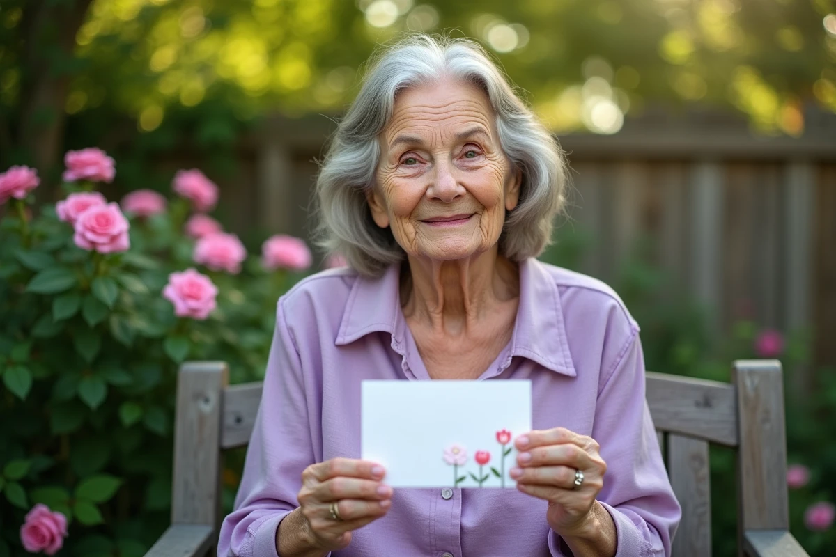Grand-mère tenant une carte manuscrite avec un message affectueux pour sa petite-fille dans un jardin fleuri