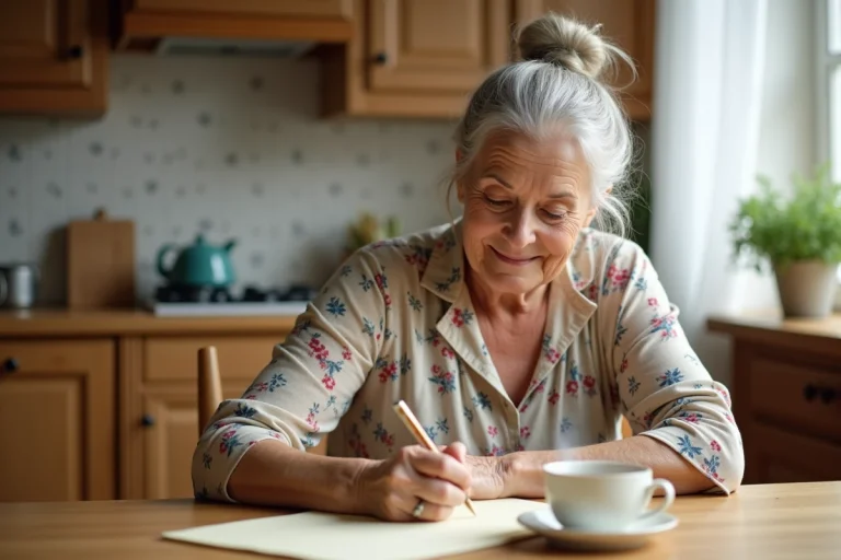 Grand-mère souriante en train d'écrire une lettre tendre à sa petite-fille à la table de sa cuisine