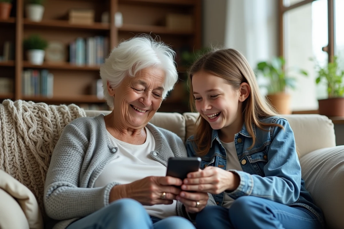 Grand-mère et petite-fille riant ensemble en lisant des messages drôles sur un smartphone dans le salon