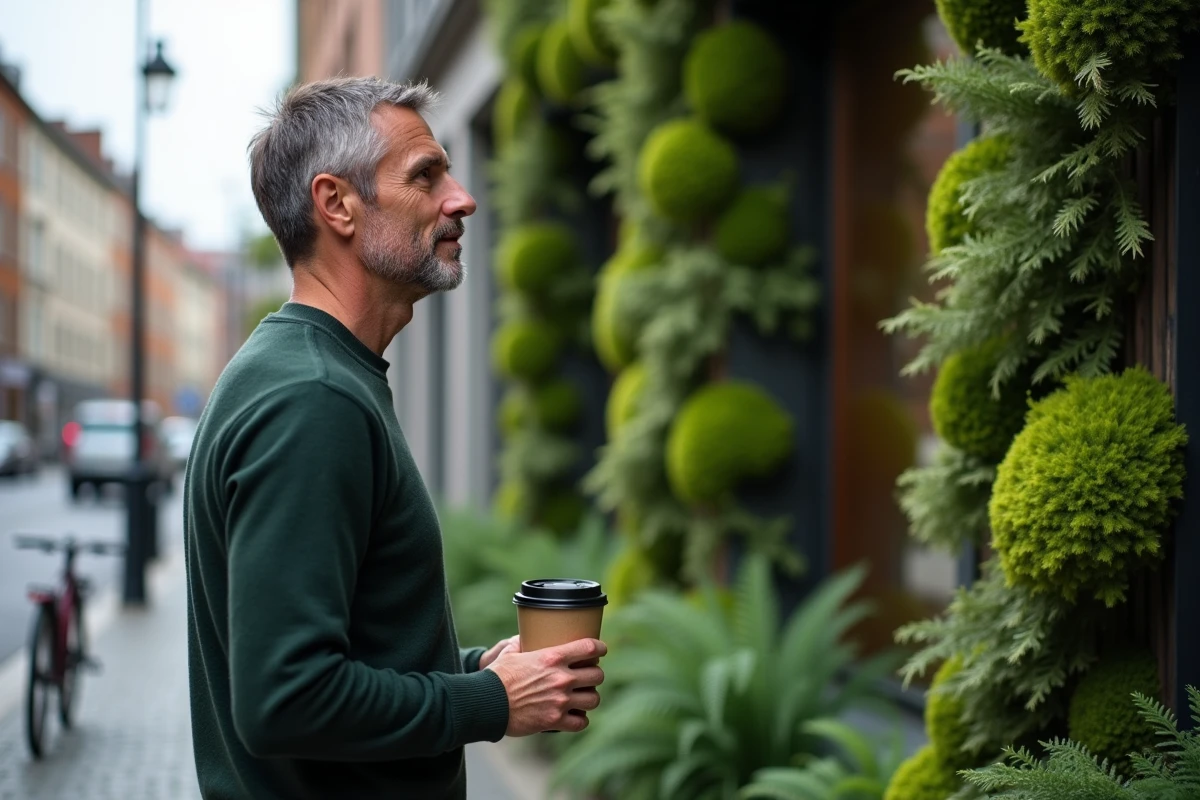 Homme devant une banque éthique avec façade végétalisée symbolisant la finance durable