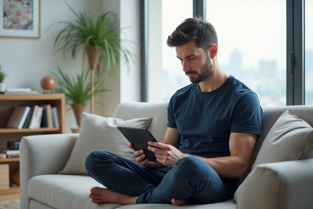 Homme utilisant une tablette pour consulter des services d'experts en ligne depuis son bureau à domicile minimaliste
